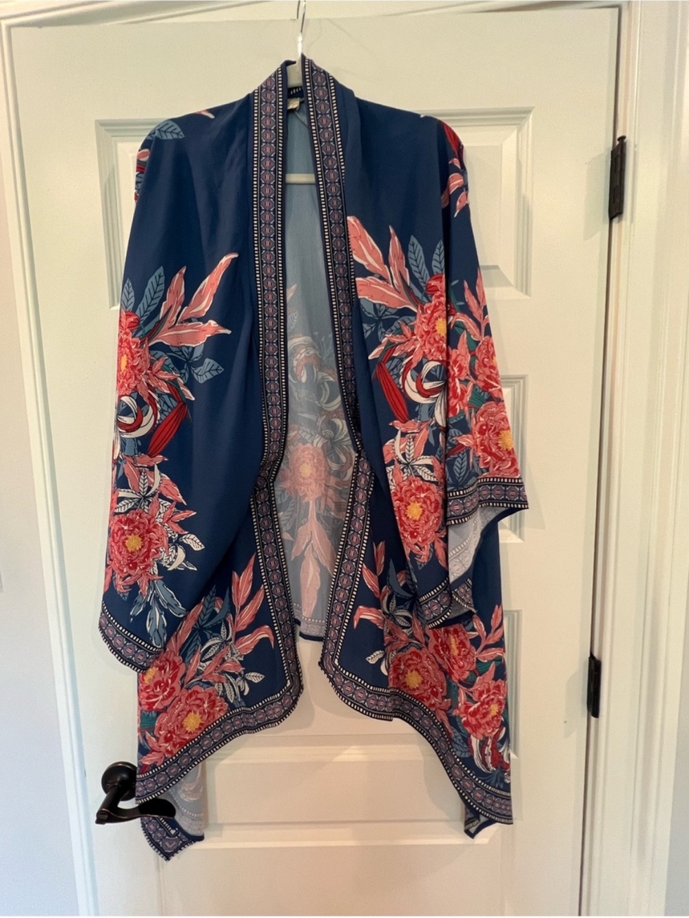 Flying Tomato Navy Floral Boho Kimono Duster Ruana Open Front S/M - Picture 2 of 9